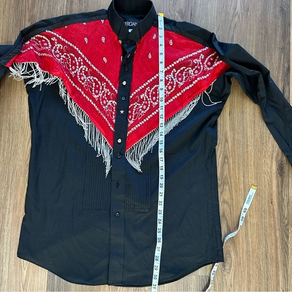 Womens Medium Fringe Western Button Down Shirt Sequins Black Red Rodeo Cowgirl - Picture 8 of 9